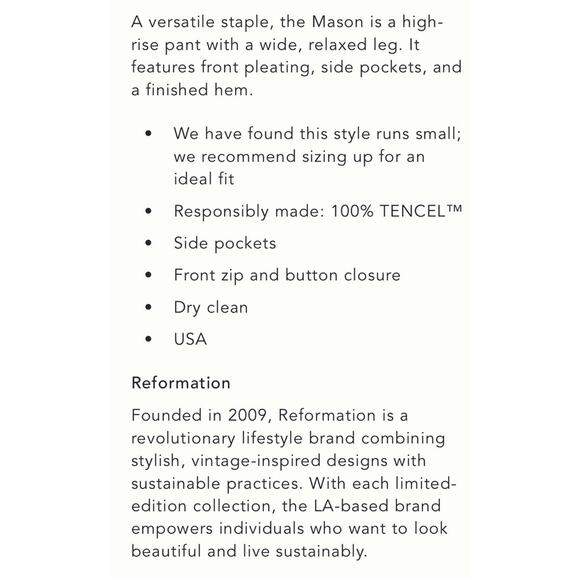 REFORMATION Mason Pants •Women 4 PETITE•Wide Leg Trouser Office Pleated Tan $178 - Picture 5 of 12